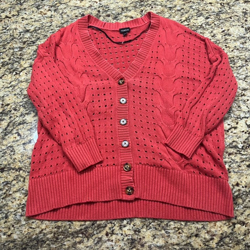 Torrid Womens 1 Coral Pink Pointelle Cable Knit V-Neck Button Cardigan Sweater